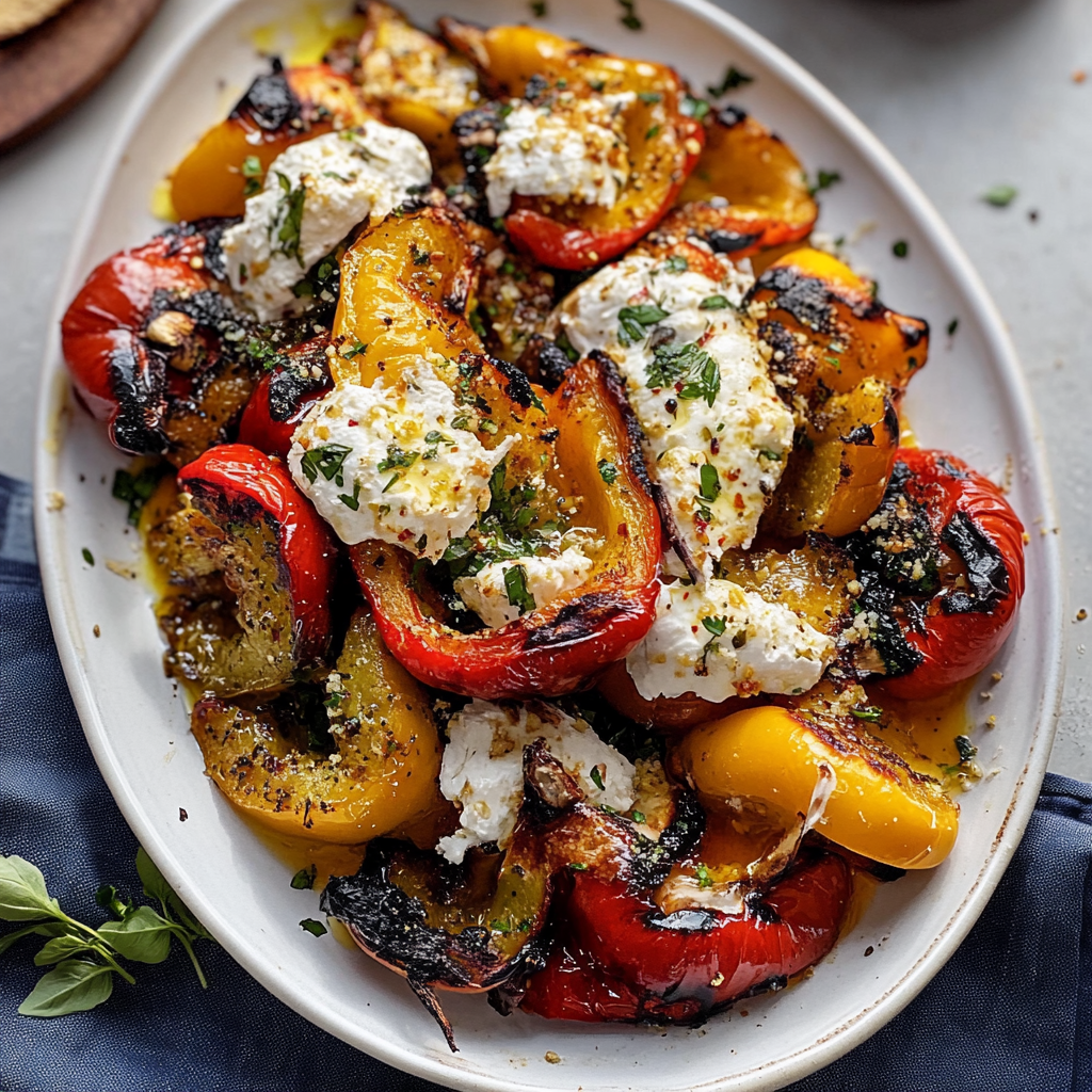Recipe preparation for Grilled Marinated Peppers with Burrata and Breadcrumbs