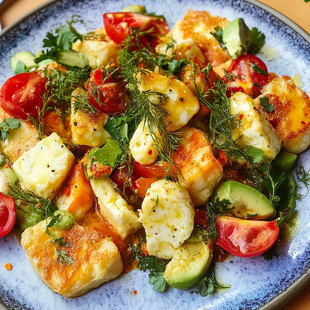 Recipe preparation for Crispy Torn Halloumi Salad
