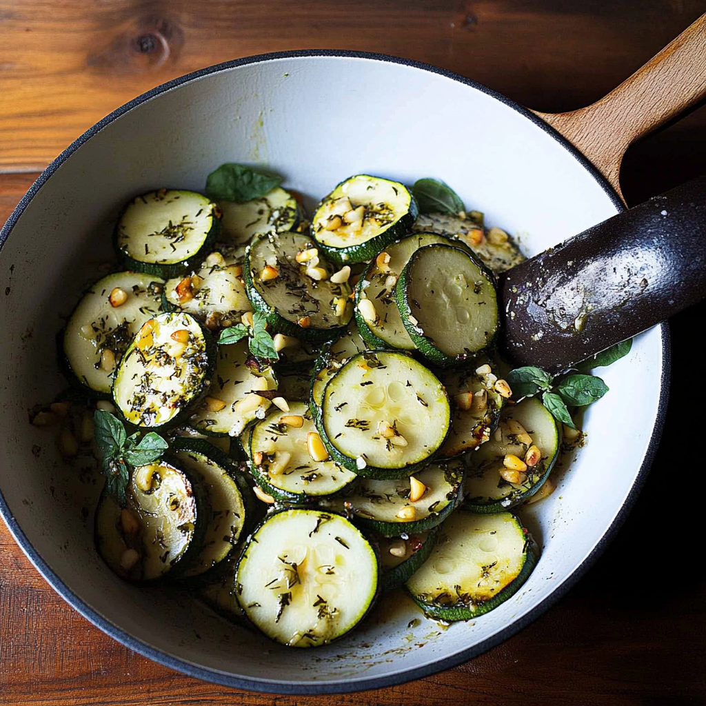 Recipe preparation for Sautéed Zucchini with Mint, Basil & Pine Nuts