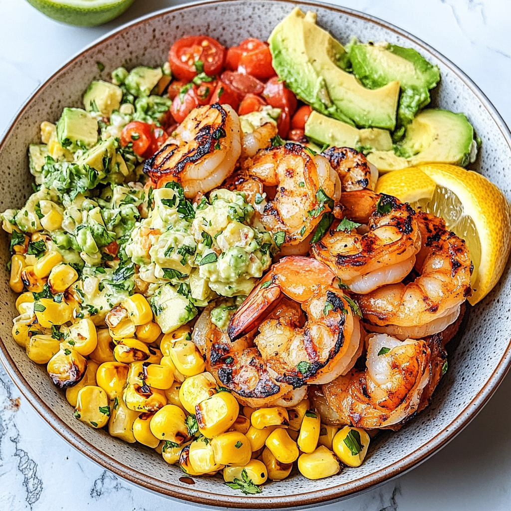 Recipe preparation for Grilled Shrimp Bowl with Avocado, Corn Salsa & Creamy Garlic Sauce