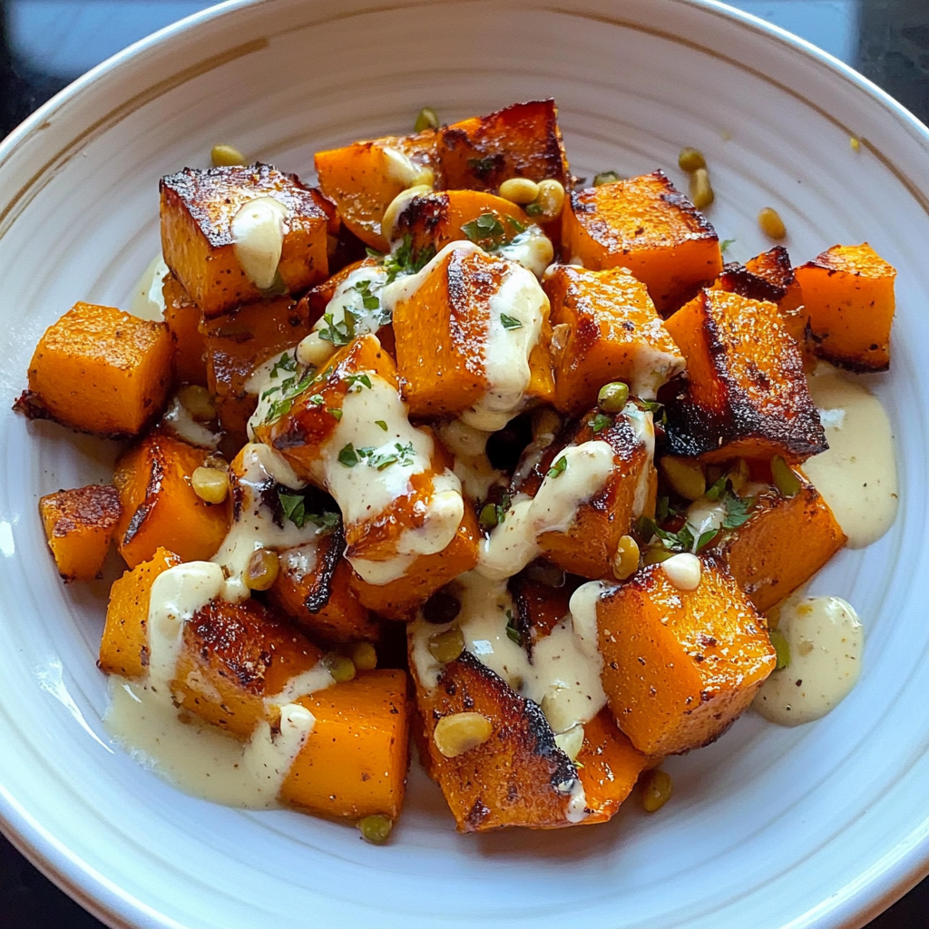Recipe preparation for Roasted Pumpkin with Yogurt Sauce and Pine Nuts