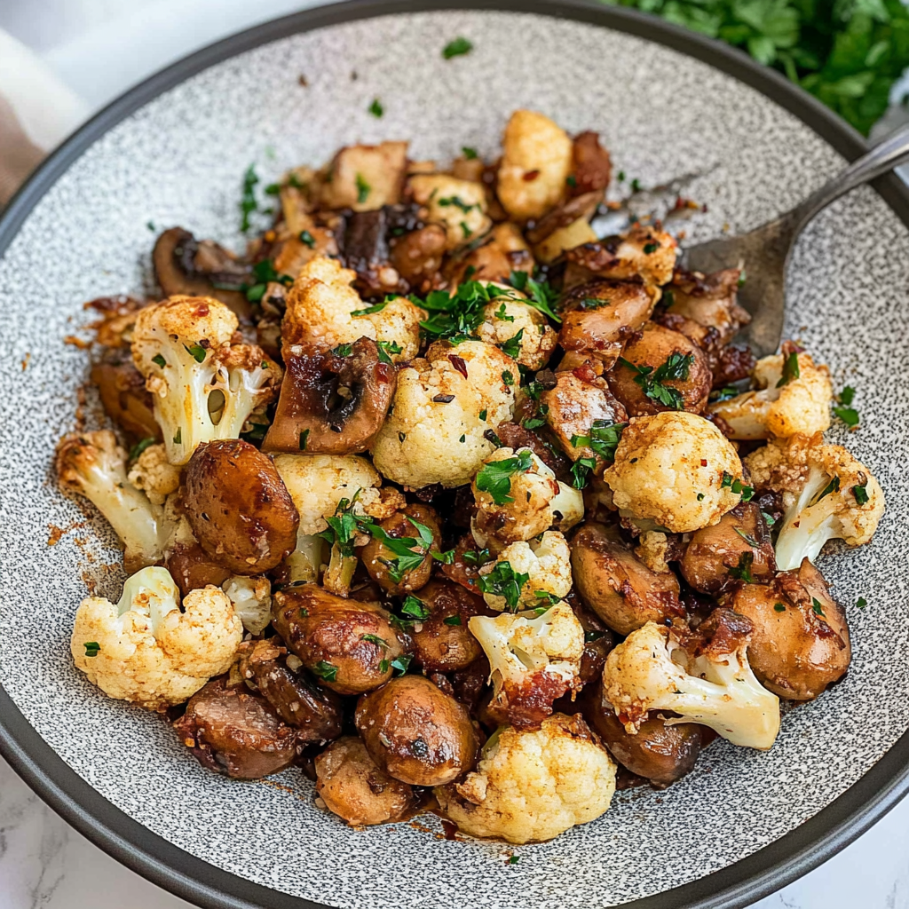 Recipe preparation for Garlic Mushrooms Cauliflower Skillet
