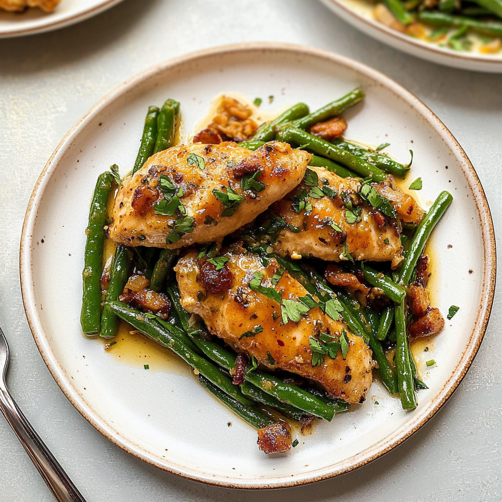 Recipe preparation for Lemon Garlic Butter Chicken and Green Beans Skillet