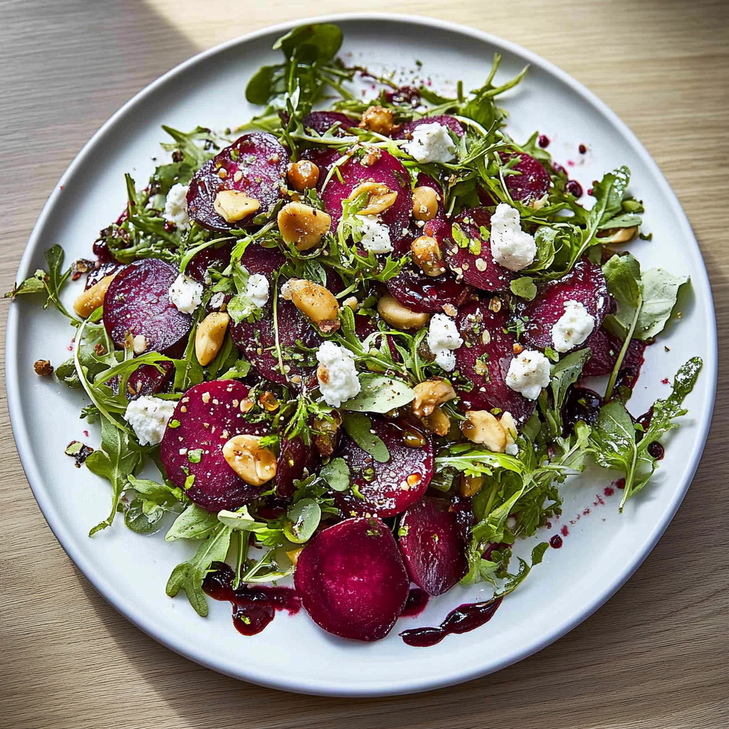 Recipe preparation for Roasted Beet Salad with Goat Cheese & Pistachios