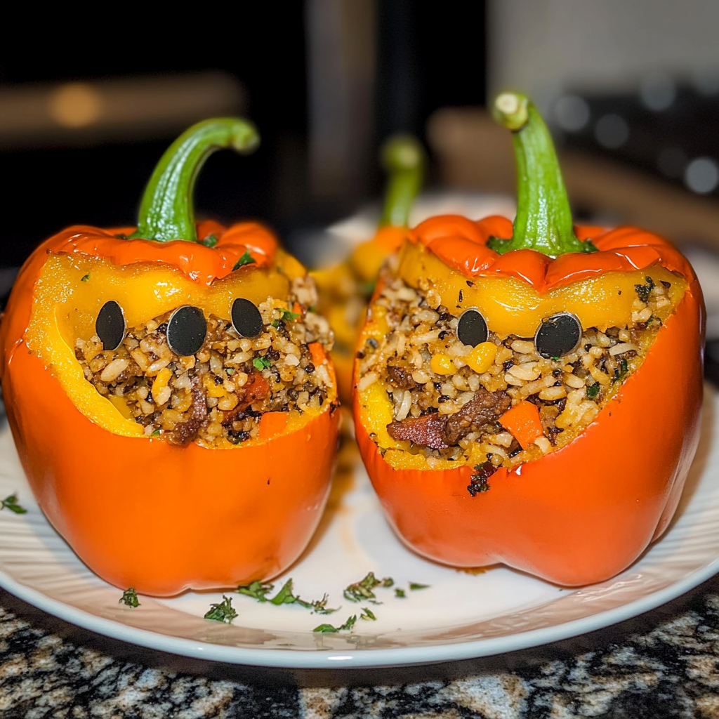 Recipe preparation for spooky stuffed peppers with rice and beef