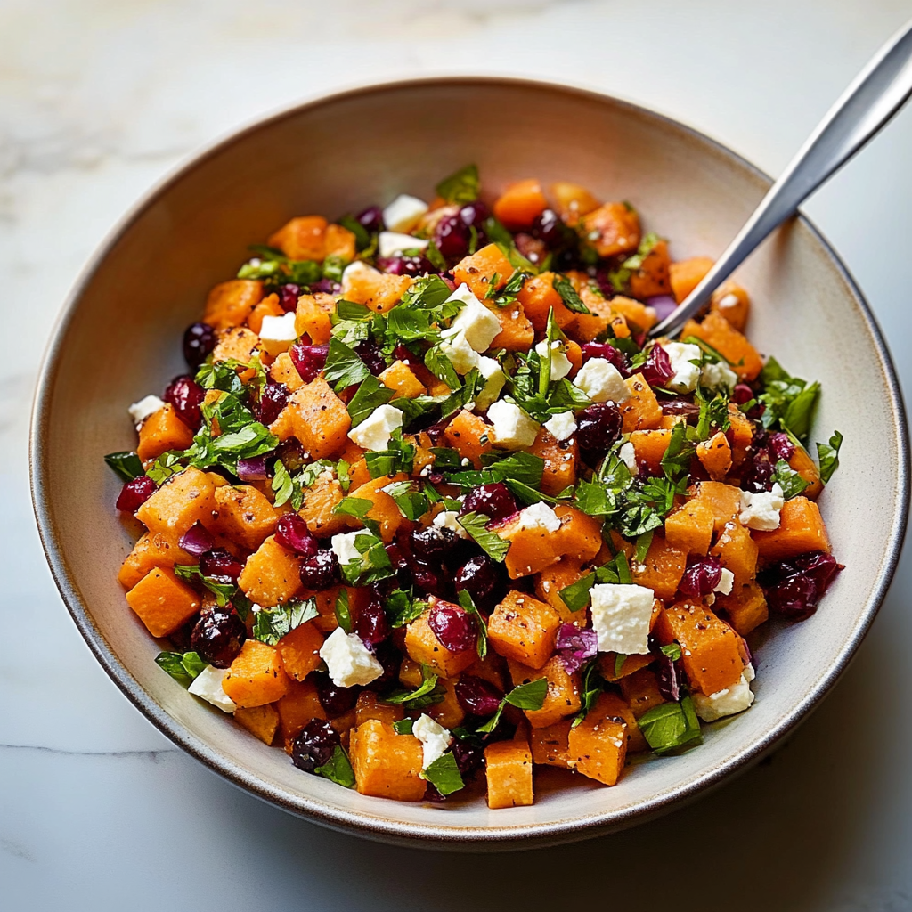 Recipe preparation for Sweet Potato Salad with Feta and Cranberries