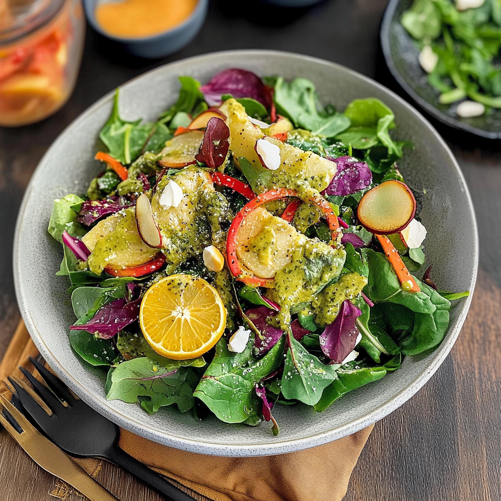 Recipe preparation for winter greens salad with citrus vinaigrette