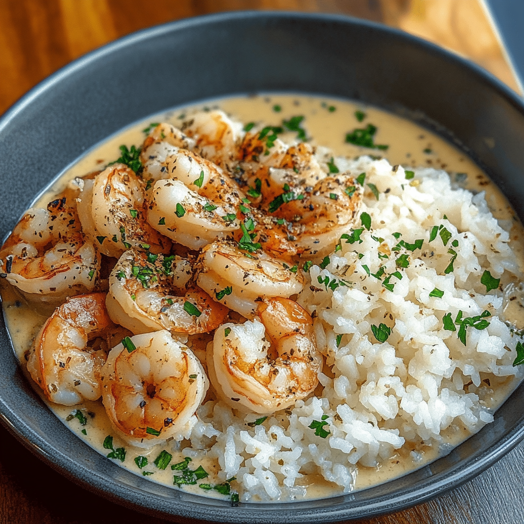 Recipe preparation for Creamy Herb Rice with Garlic Butter Shrimp Bowl Recipe