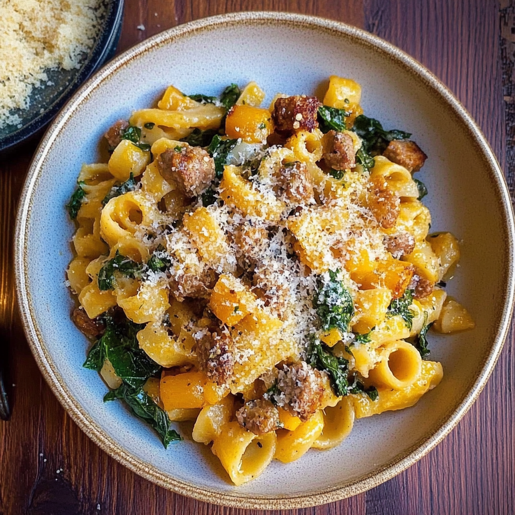 Recipe preparation for Creamy Butternut Squash Pasta with Sausage and Spinach