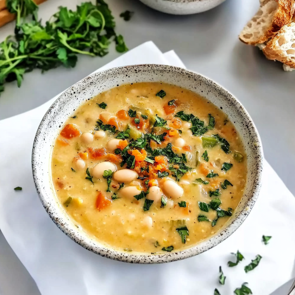 Recipe preparation for Creamy Vegan Tuscan White Bean Soup