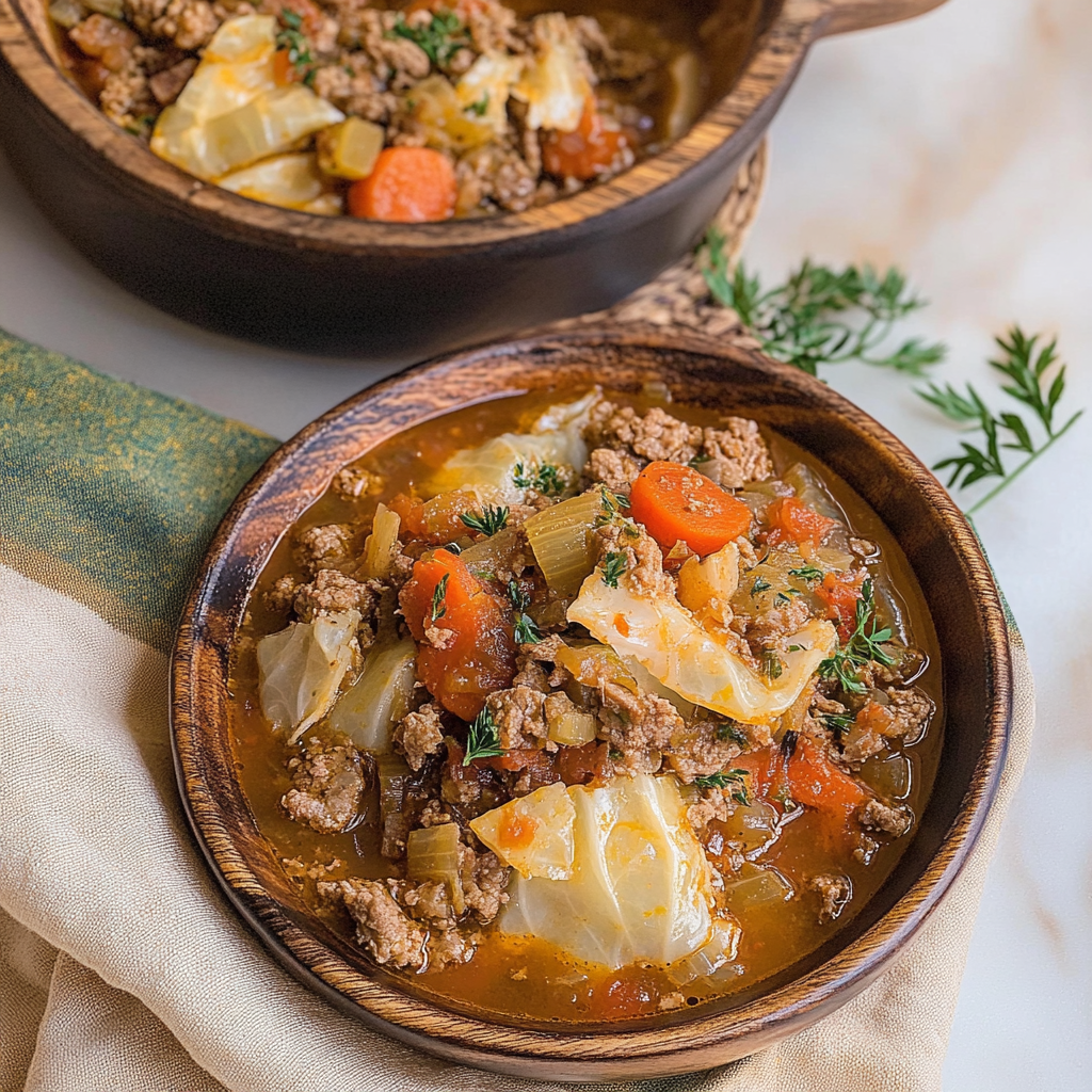 Recipe preparation for ground beef and cabbage soup