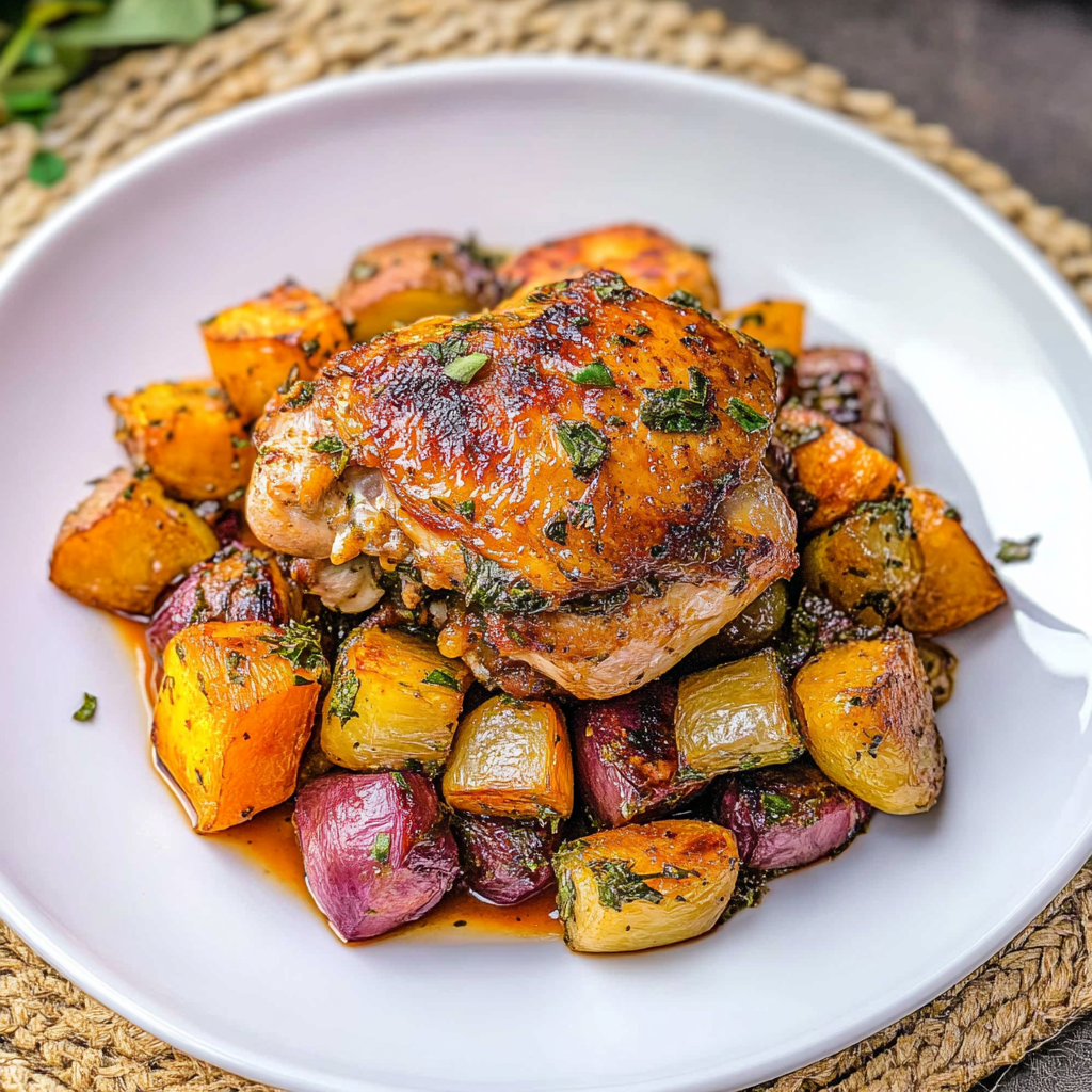 Recipe preparation for One-Pan Maple Dijon Chicken & Root Vegetables