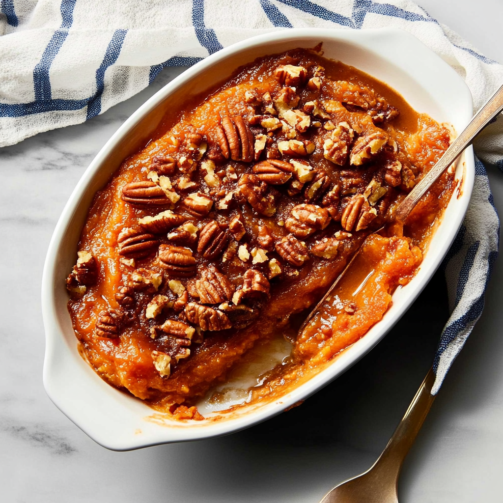 Recipe preparation for Maple Pecan Sweet Potato Casserole