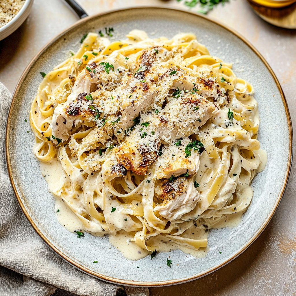Recipe preparation for Herbed Chicken Alfredo with Truffle Feta Cream & Crispy Parmesan Leeks