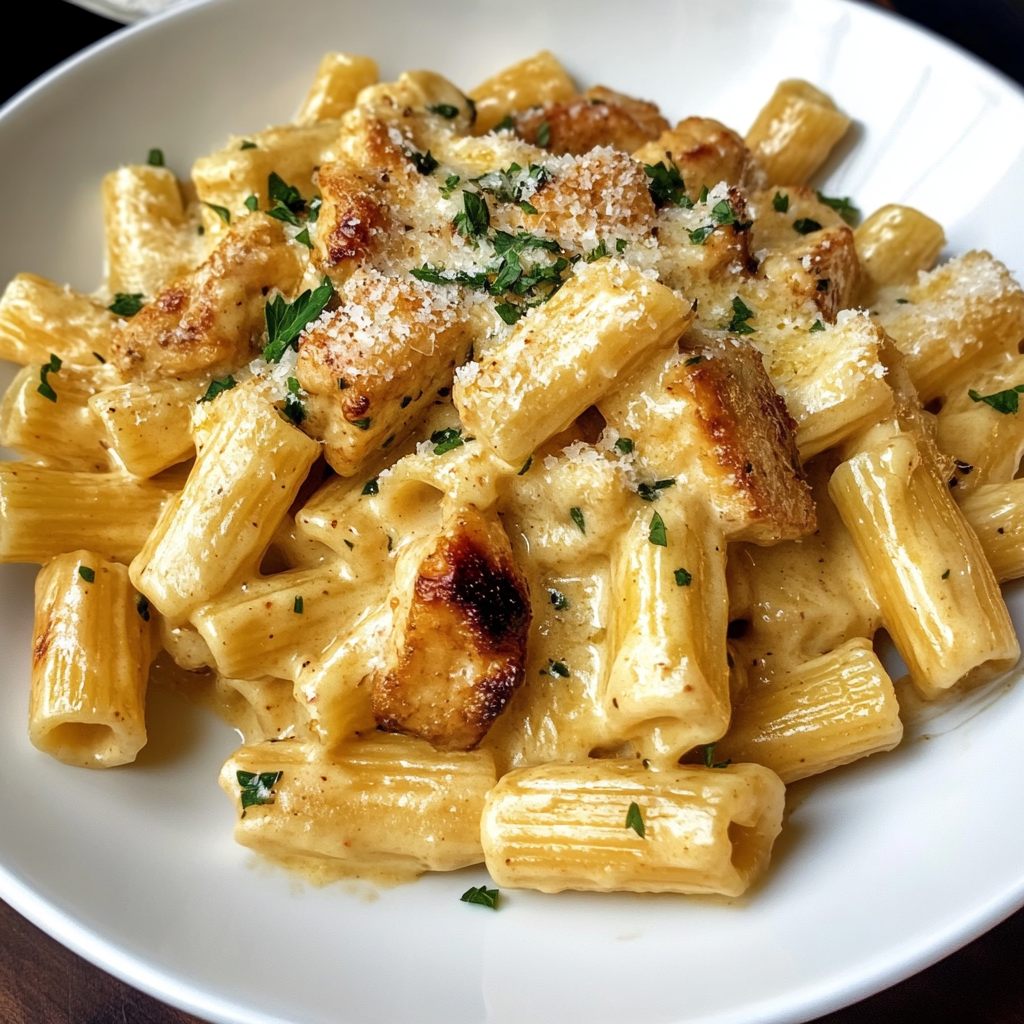 Recipe preparation for Creamy Garlic Butter Chicken Rigatoni