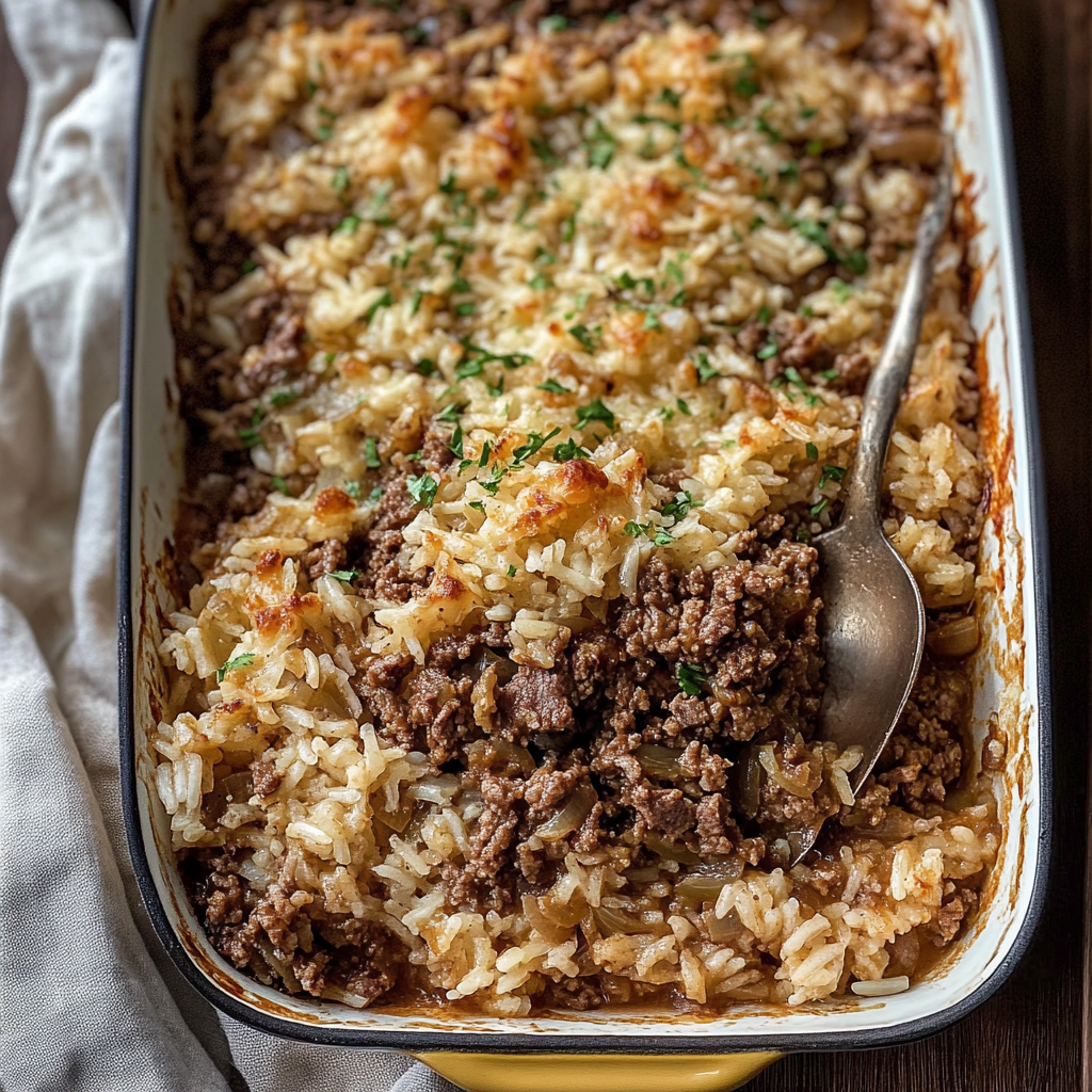 Recipe preparation for French Onion Beef and Rice Casserole Recipe