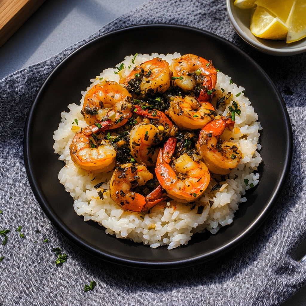 Recipe preparation for Creamy Garlic Butter Shrimp Bowl with Herb Rice