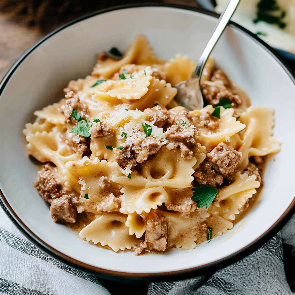 Recipe preparation for Beef and Bowtie Pasta with Alfredo Sauce