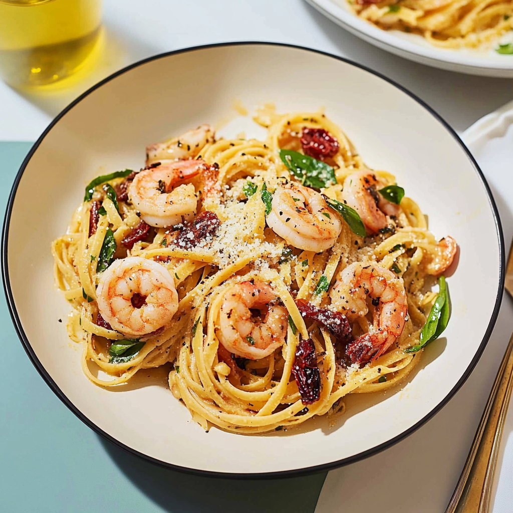 Recipe preparation for 30 minute Creamy Sun-Dried Tomato Shrimp Linguine