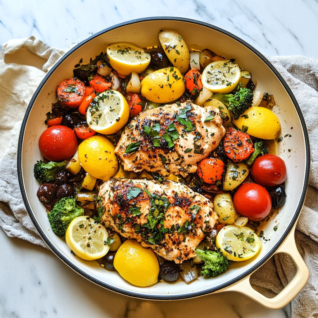 Recipe preparation for Mediterranean Lemon-Olive Chicken & Veggies