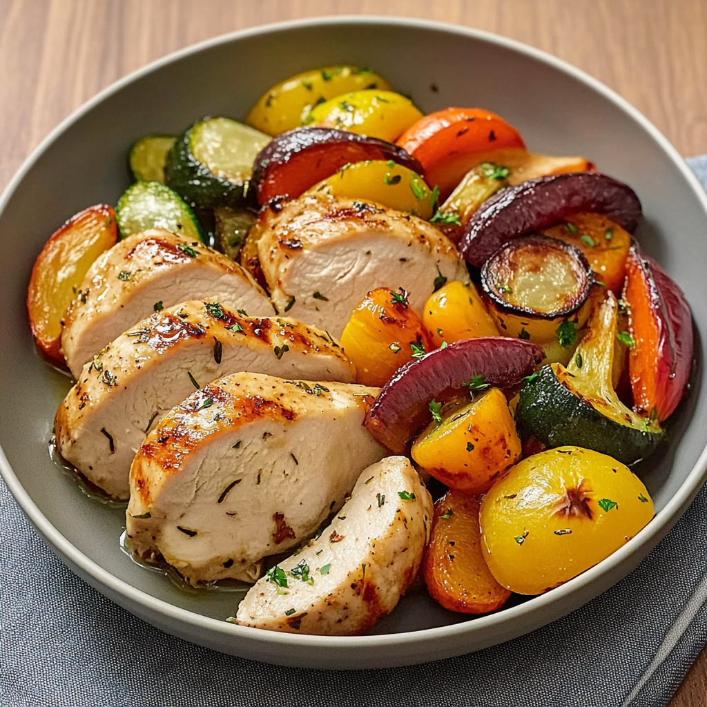 Recipe preparation for Herb Chicken & Roasted Veggie Bake