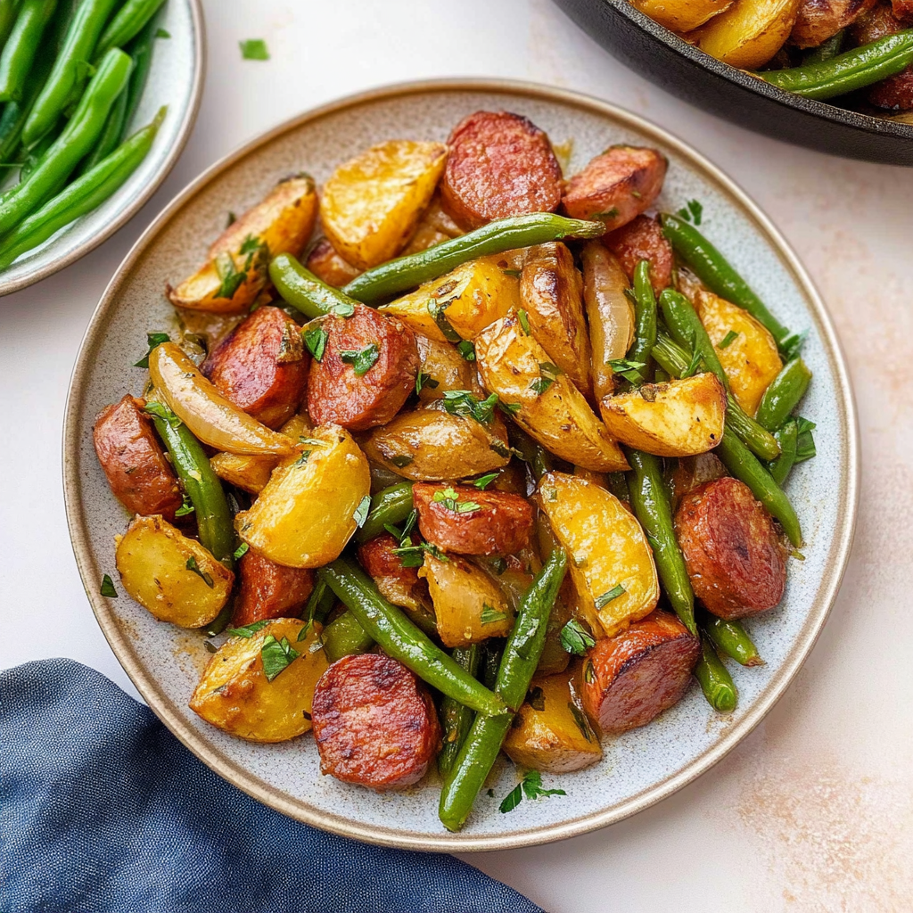 Recipe preparation for Sheet Pan Kielbasa with Sweet Potatoes and Green Beans