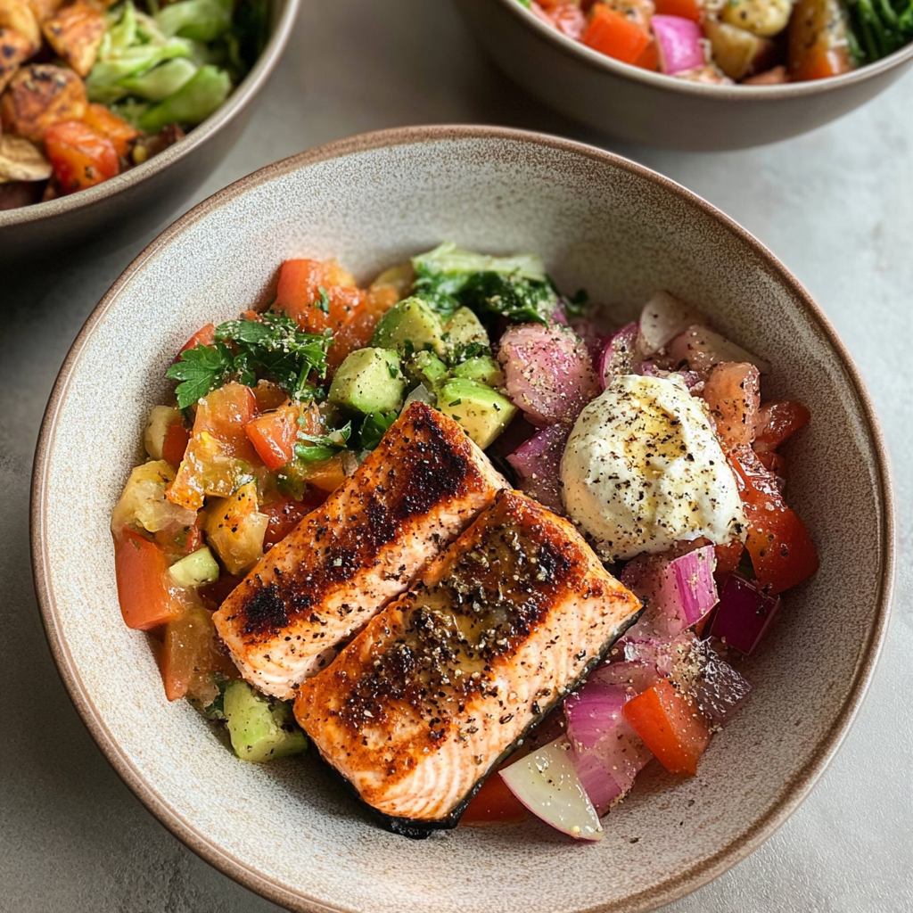 Recipe preparation for Healthy Mediterranean Salmon Bowls