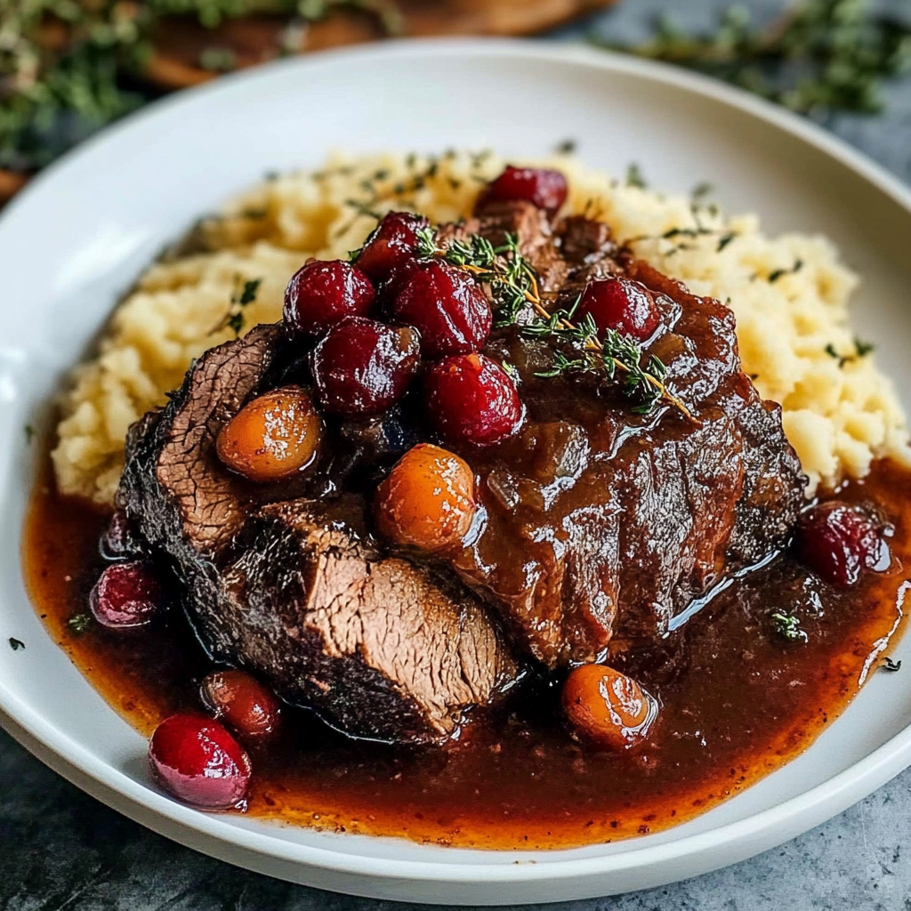 Recipe preparation for Slow-Braised Beef Roast with Cranberry Balsamic Glaze