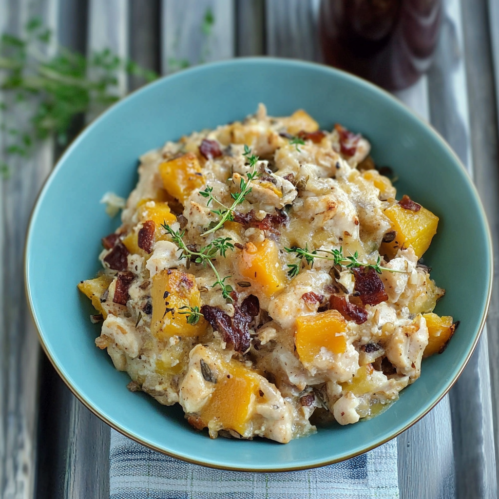 Recipe preparation for Butternut Squash, Chicken, and Wild Rice casserole