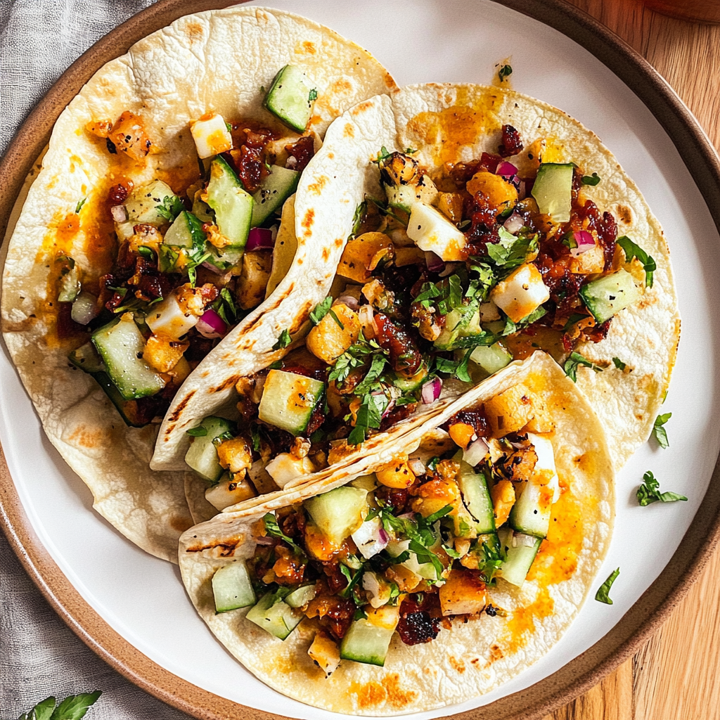Recipe preparation for Halloumi and Chickpea Tacos with Cucumber Salsa