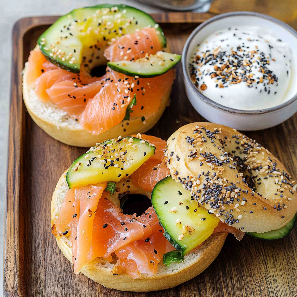 Recipe preparation for Smoked Salmon Breakfast Bagel with Everything Seasoning