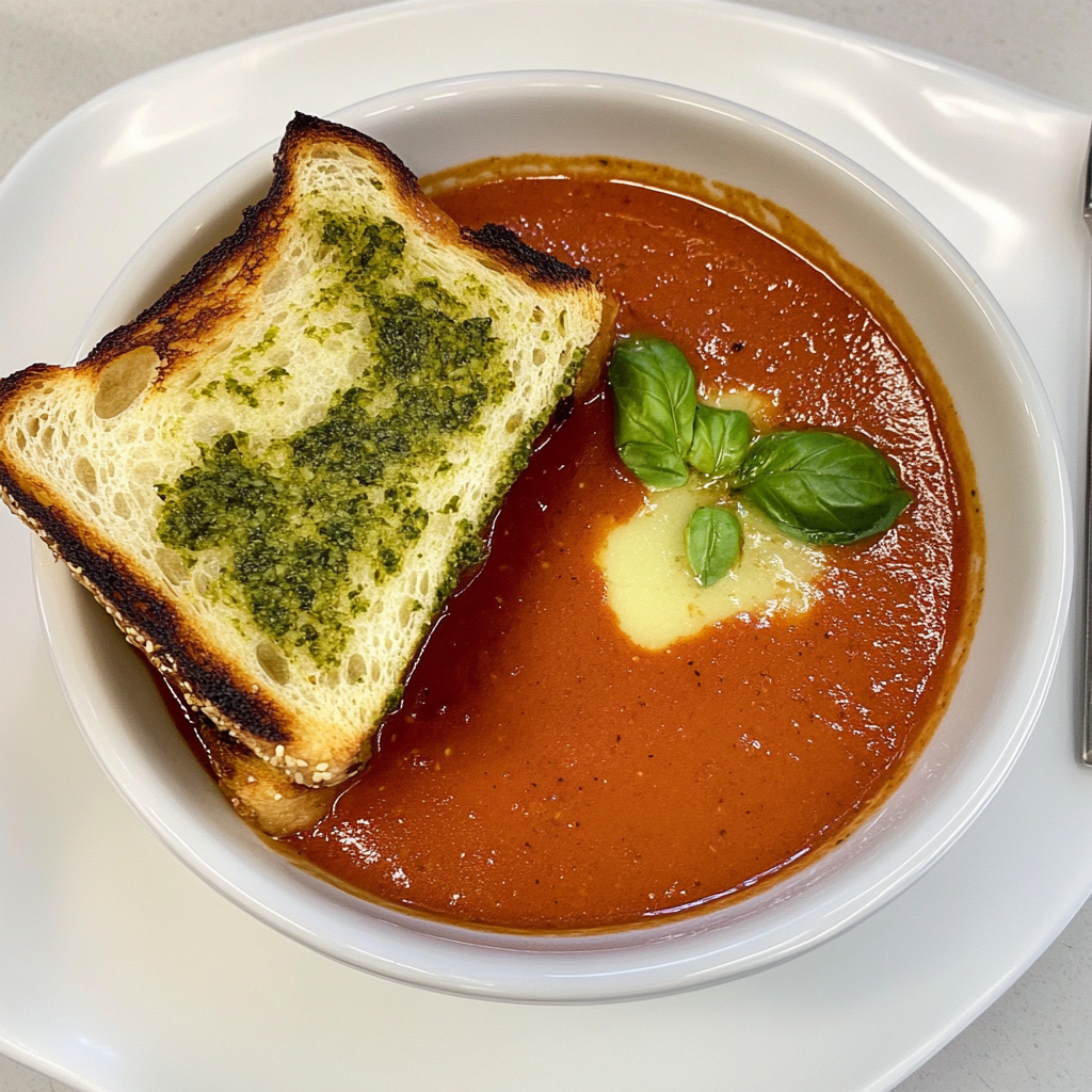 Recipe preparation for Roasted Tomato Basil Soup with Pesto Grilled Cheese