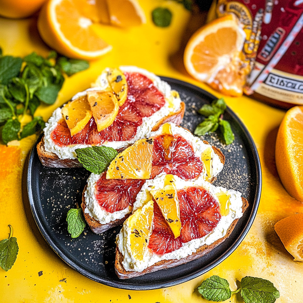Recipe preparation for Grapefruit and Honey Ricotta Toast with Mint