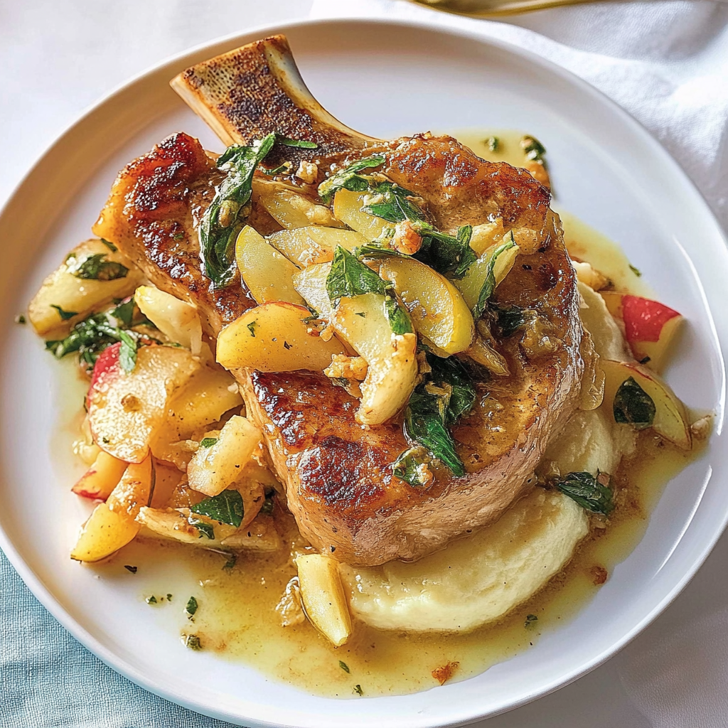 Recipe preparation for Pan-Seared Pork Chops with Warm Apple Slaw