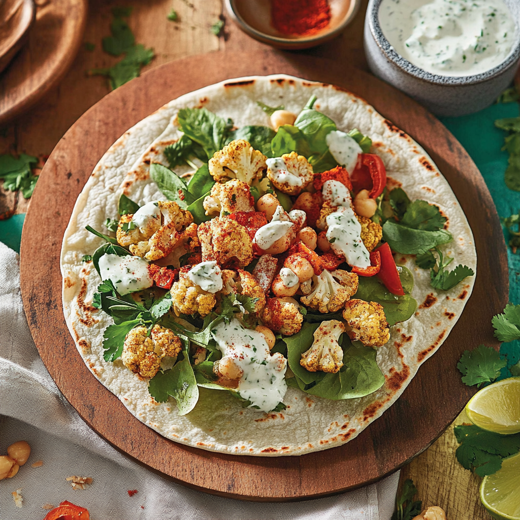 Recipe preparation for Roasted Cauliflower and Chickpea Pitas with Tzatziki