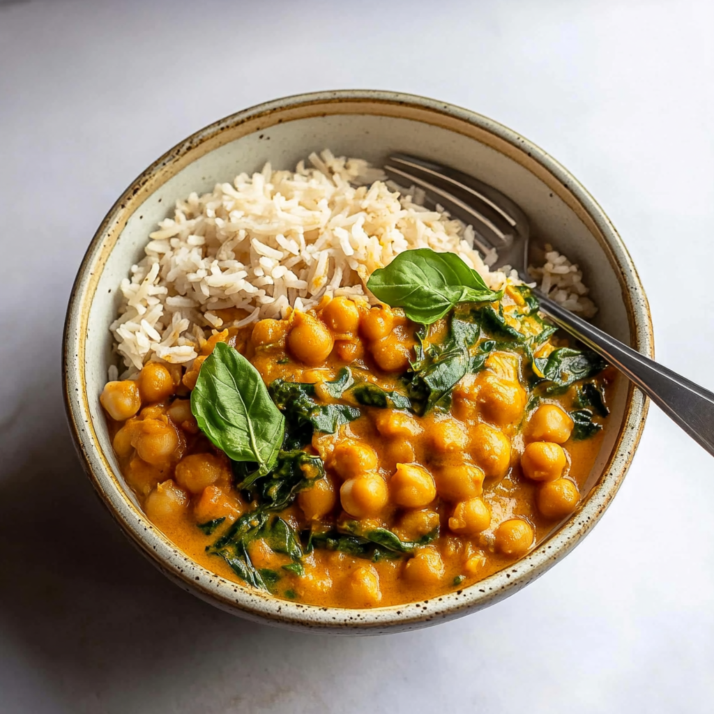Recipe preparation for Chickpea and Spinach Curry with Brown Rice