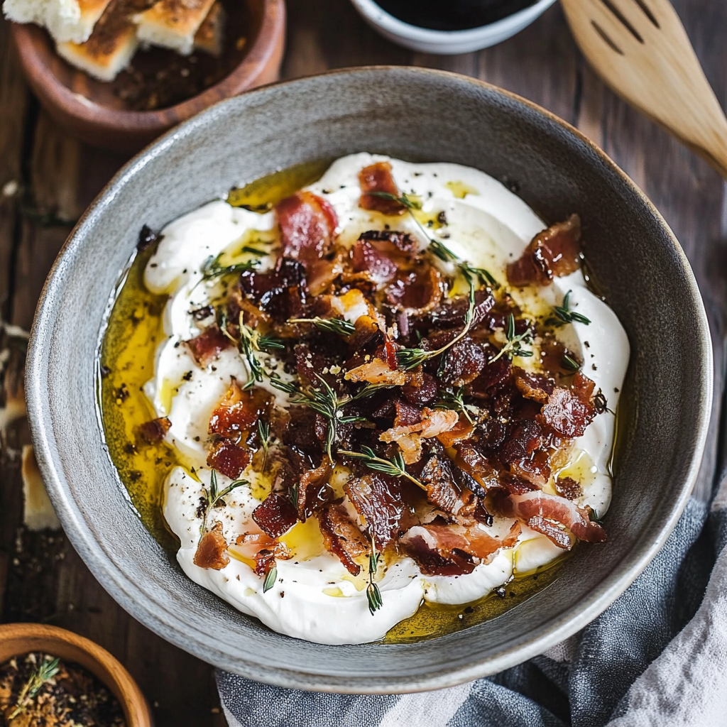 Recipe preparation for Whipped Goat Cheese with Warm Candied Bacon and Dates