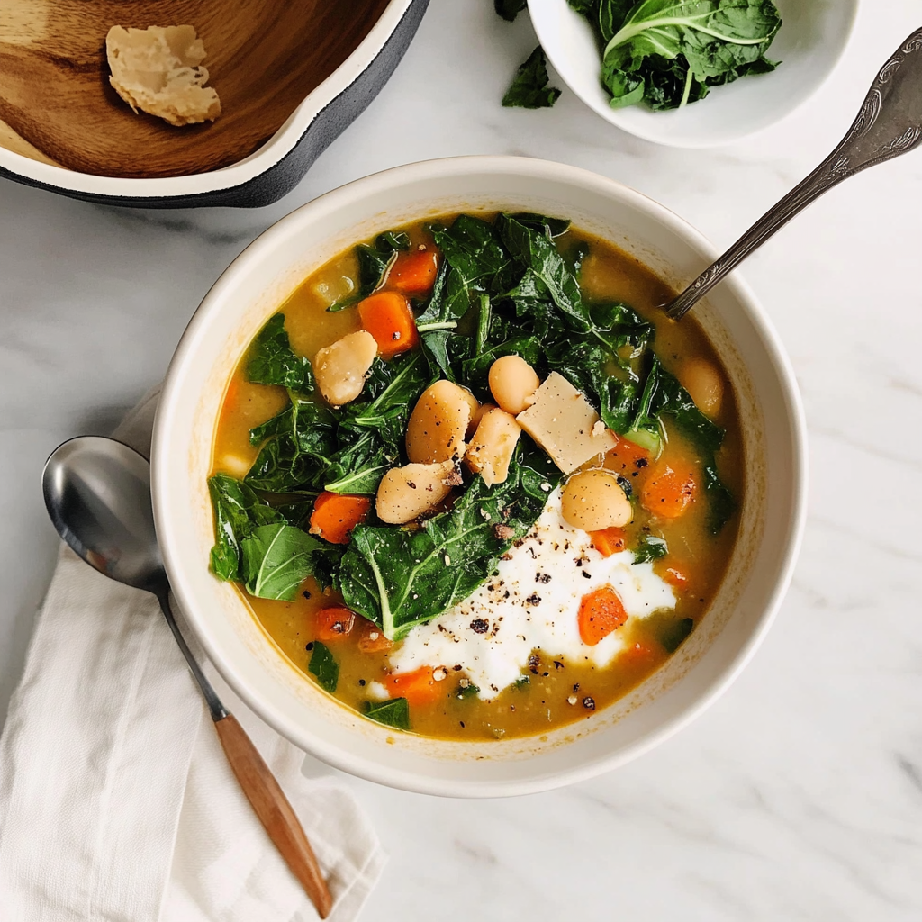 Recipe preparation for Tuscan White Bean and Kale Soup (Ribollita Style)