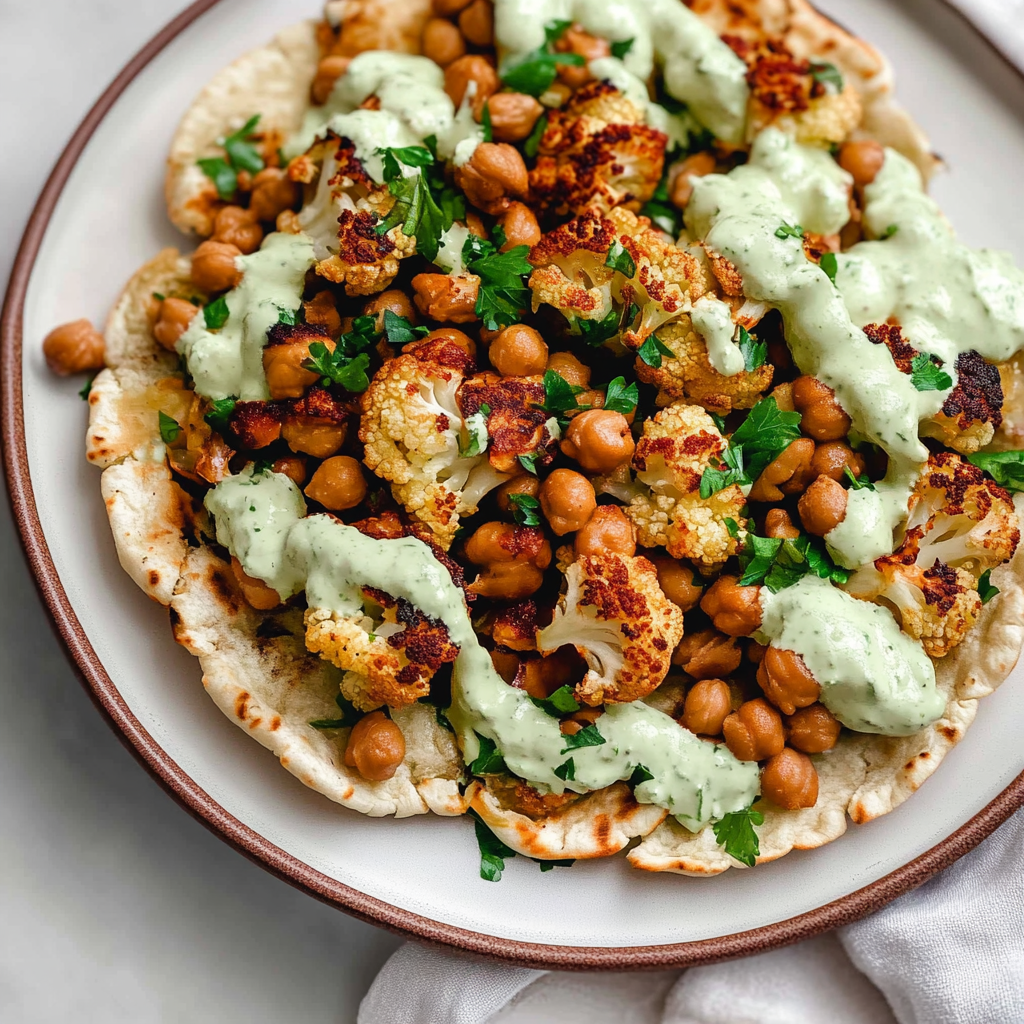 Recipe preparation for Roasted Cauliflower and Chickpea Pitas with Tahini