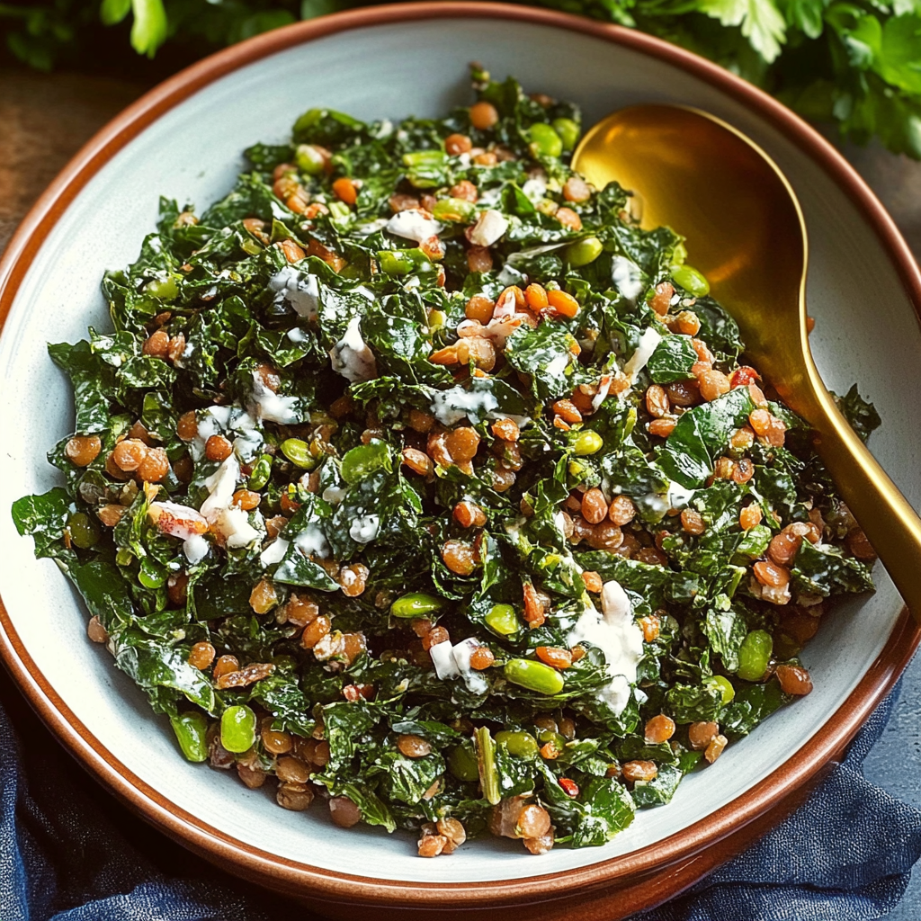 Recipe preparation for Lentil and Spinach Salad with Lemon-Tahini Vinaigrette