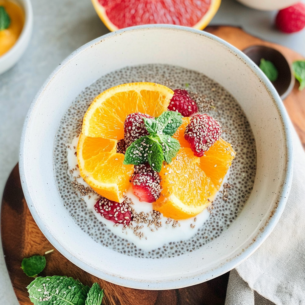 Recipe preparation for Warm Chia Seed Pudding with Winter Citrus Compote