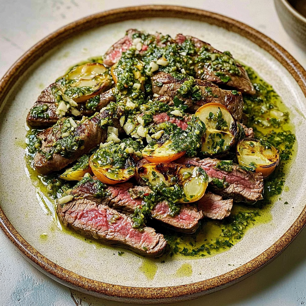 Recipe preparation for olive chimichurri steak with padron peppers