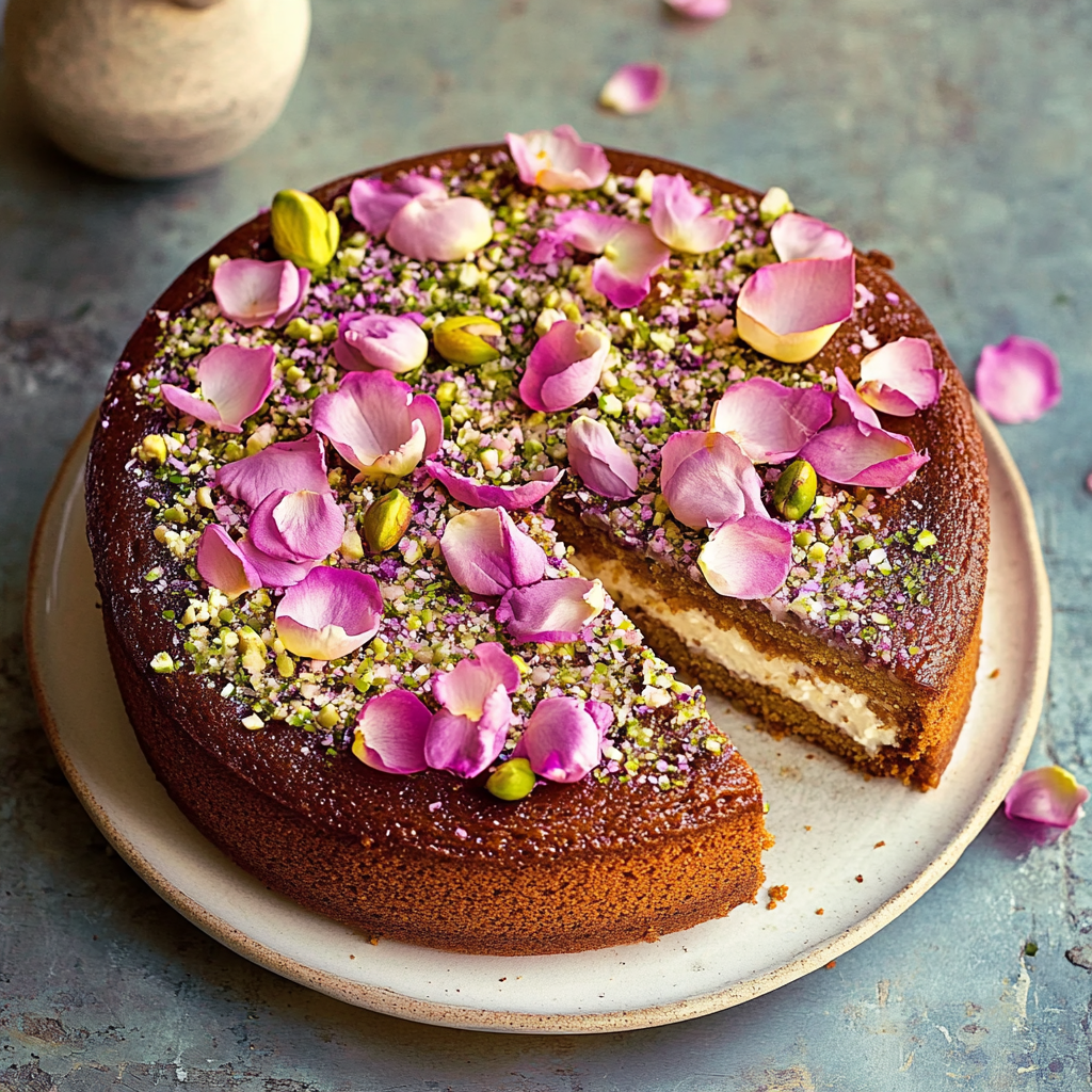 Recipe preparation for Honey Pistachio Cake with Rose Glaze