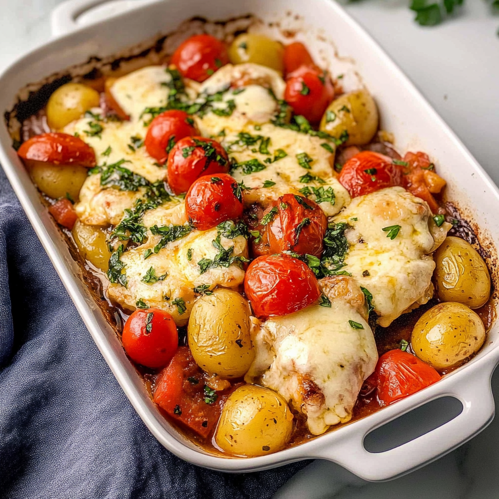 Recipe preparation for Sheet Pan Mozzarella Chicken, Potatoes and Vegetables