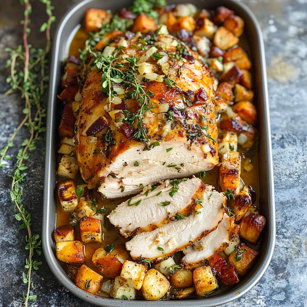 Recipe preparation for Sheet Pan Herb Roasted Turkey & Veggies