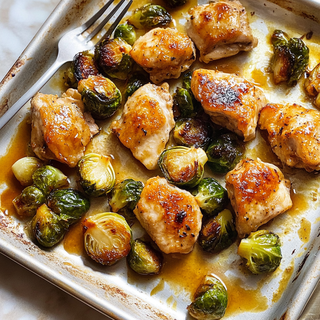 Recipe preparation for Honey Mustard Sheet Pan Chicken with Brussels Sprouts