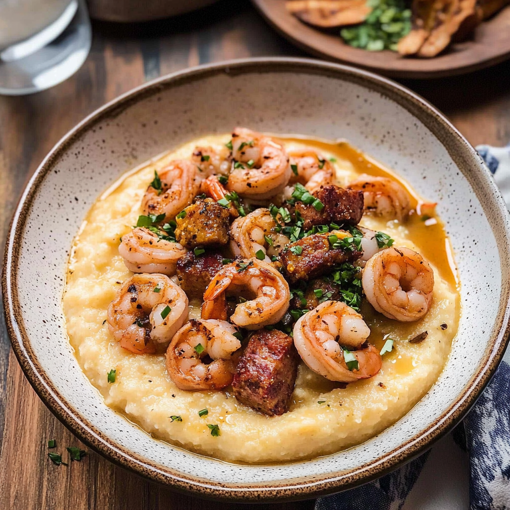 Recipe preparation for 30-Minute Shrimp and Grits with Spicy Smoked Sausage