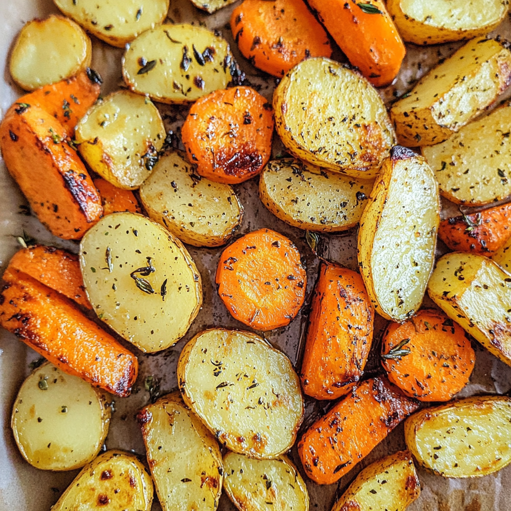 Recipe preparation for Crispy Oven Roasted Potatoes and Carrots