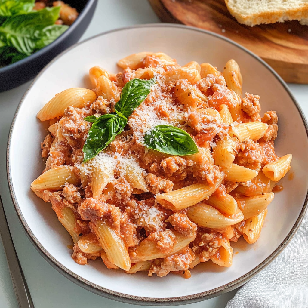 Recipe preparation for Pink Sauce Pasta with Ground Turkey