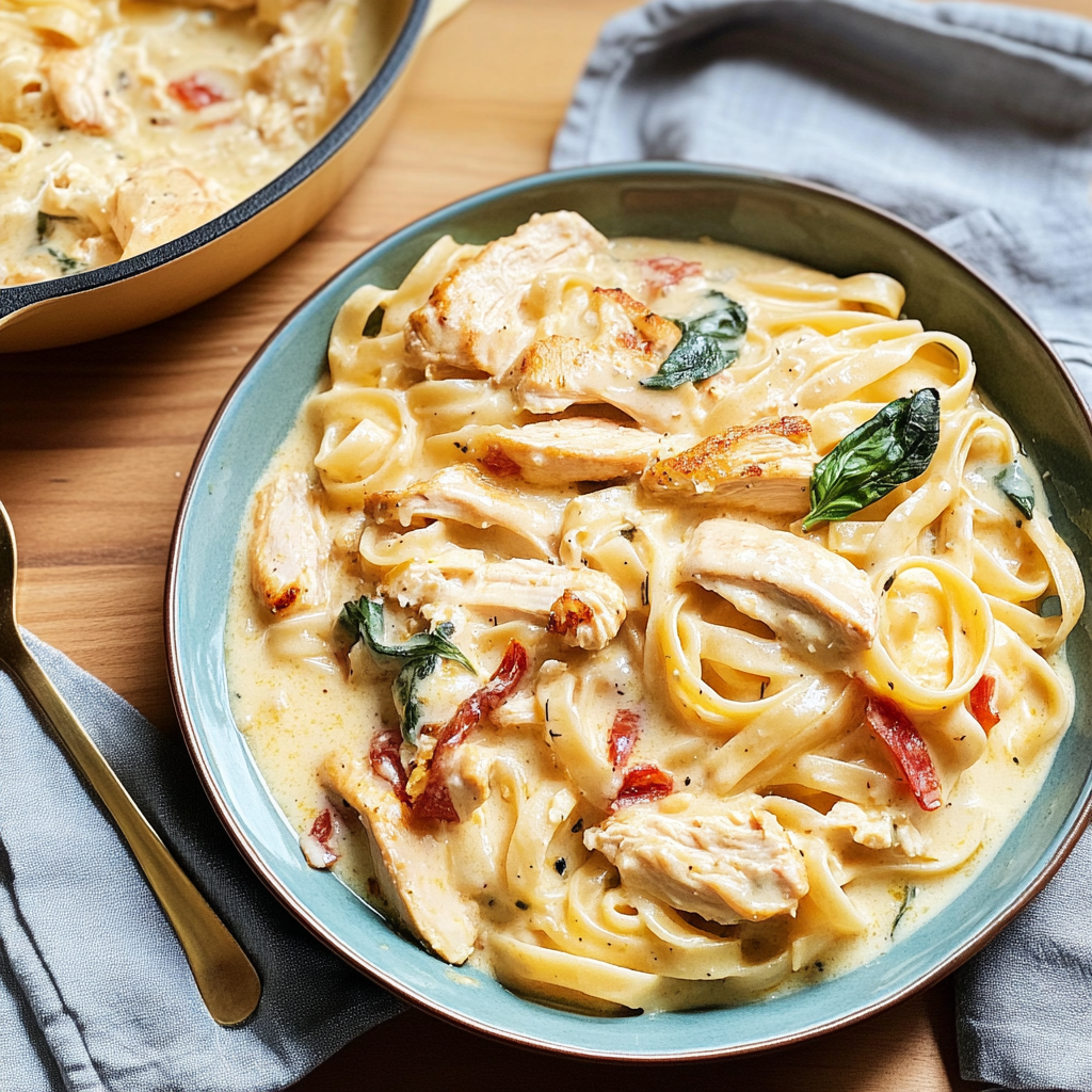 Recipe preparation for One-Pot Creamy Tuscan Chicken Pasta